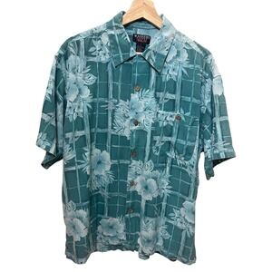 Washers Resort Silk Mens Large Blue Floral Plaid Short Sleeve Button Down Shirt